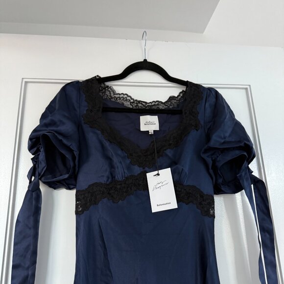 NWT Reformation Stella Silk Maxi Dress Navy Puff Sleeves w/ Tie Lace Details - Picture 7 of 9